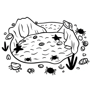 A tide pool with various shapes of starfish clinging to the rocky edges. Scattered around the pool are numerous seashells of different sizes and textures. Small crabs scuttle across the sandy bottom, while some perch atop rocks, blending into their surroundings. The surface of the water reflects the contours of the nearby stones, creating intricate patterns.