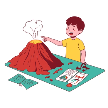 A red school kid is proudly standing next to a teal science fair project about volcanoes. The project features a large model of a volcano, with a rugged surface painted in varying shades of red, and small, colorful lava flows made from clay. Next to the volcano, there are several informational posters displaying diagrams and facts about volcanic eruptions. The kid is wearing a bright yellow t-shirt and has a big smile, pointing towards the project with one hand while holding a blue ribbon in the other hand.