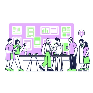 A large conference room filled with scientists networking. In the center, a group of four scientists, two men and two women, are engaged in conversation. They are dressed in professional attire. Around the room, several posters are displayed on easels, each featuring graphs and data. There are two presentation screens showing slides of research findings. Small tables scattered throughout the space hold refreshments like coffee and snacks. Attendees are interacting, and a sense of collaboration fills the atmosphere.