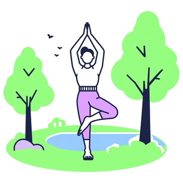 A person is performing a yoga pose on a grassy area in a park. The individual is balancing on one leg, with the other leg extended behind, showcasing their flexibility and muscle control. They have their arms raised above their head, with fingers interlaced, and their gaze is directed upwards. Surrounding them are tall trees with lush leaves, casting dappled sunlight on the ground. In the background, a small pond is visible, reflecting the clear sky above. A few birds can be seen flying in the distance.