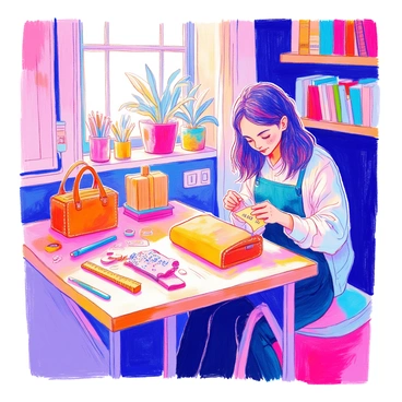 A cozy studio features a wooden table covered with various materials for bag making. On the table, there is a half-finished bag made of soft leather. Tools such as scissors, a ruler, and threads are neatly arranged nearby. A designer is focused on stitching the bag, holding a needle in one hand and a piece of leather with "custom initials" in the other. Soft lighting illuminates the space, highlighting the textures of the materials. A shelf in the background displays colorful fabric swatches and design books.