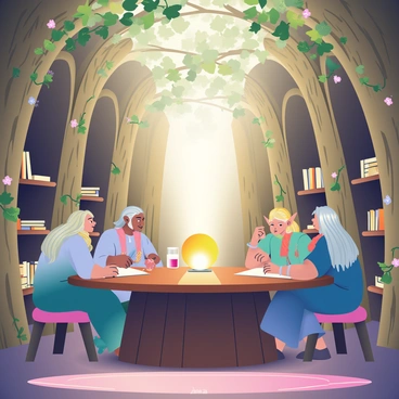An elven council meeting is taking place in a grand hall carved into an ancient tree. The hall features high, arching ceilings with intricate carvings of leaves and branches, illuminated by soft, warm light filtering through the tree's natural openings. Several elves with long, flowing hair in hues of silver and gold are gathered around a large, oval wooden table made from polished dark wood. Each elf is wearing elegant robes adorned with nature-inspired patterns. In the center of the table, a glowing orb serves as a focal point, casting a gentle light on the faces of the council members as they engage in discussion. Surrounding the hall, shelves are filled with scrolls and books, hinting at the deep knowledge held by this council. Vines and flowers drape gracefully from the walls, adding to the enchanting atmosphere of the meeting.