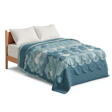 A cozy quilt, featuring intricate patterns designed to resemble the scales of a tuna fish. The quilt is predominantly a mix of deep blue and shimmering silver tones, with geometric shapes reminiscent of fish scales arranged in a harmonious layout. Each section of the quilt has varying shades, creating a ripple effect that draws the eye. The edges of the quilt are neatly stitched, adding a touch of craftsmanship. It is spread out on a wooden bed frame, with soft pillows and a warm ambiance surrounding it.