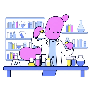 A cartoon representation of a colon with a friendly face, wearing a white lab coat. The colon is standing behind a lab table filled with colorful test tubes and beakers. It is holding a pipette, carefully adding a liquid from one test tube to another. The laboratory has shelves lined with scientific books and equipment in the background.