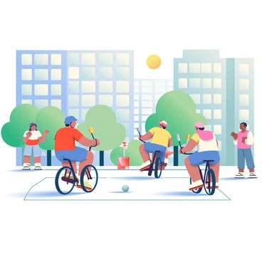 A group of three people riding bicycles is playing bike polo in a city square. Each player is wearing a helmet and colorful jerseys, with one player in a red jersey, another in a blue jersey, and the third in a yellow jersey. They are positioned around a small white ball, using mallets to strike it towards a goal. In the background, there are several onlookers, including a young girl waving a small flag and an older couple clapping enthusiastically. The square is surrounded by tall buildings with large windows, and a few trees add greenery to the scene. The sun is shining brightly, casting shadows on the ground.