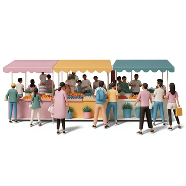 A bustling open-air market filled with a diverse crowd of shoppers. Stalls are set up with colorful awnings, showcasing a variety of fruits, vegetables, and local crafts. Vendors are interacting with customers, gesturing as they promote their goods. Some shoppers are holding bags filled with fresh produce, while others are examining merchandise at the stands. The atmosphere is vibrant, with people of different ages and backgrounds mingling, some chatting animatedly. Brightly colored fruits, such as apples and oranges, are piled high on the tables, and flowers in pots add splashes of color throughout the market.