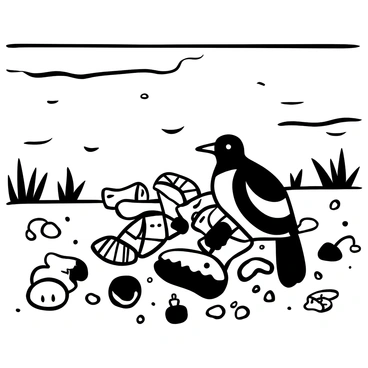 A bird with detailed feathers entangled in a mass of plastic debris near the banks of the Ganges river. The river flows gently in the background, with ripples visible on the surface. Scattered pieces of plastic waste, such as bags and bottles, are strewn about the area. There are tufts of grass and small rocks along the riverbank. The overall composition emphasizes the bird's struggle against the pollution surrounding it, capturing the impact of environmental issues on wildlife.