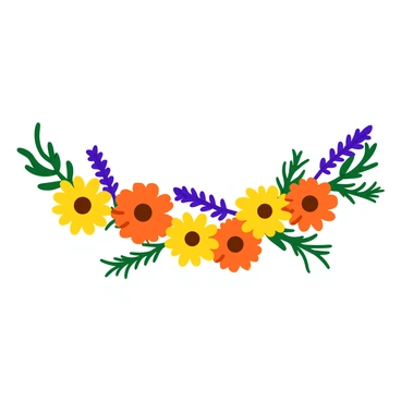 A decorative garland made of colorful flowers and aromatic herbs. The garland is entwined with vibrant petals of orange marigolds, yellow chamomile, and purple lavender. Fresh green sprigs of thyme and rosemary add a natural touch, interspersed throughout the floral arrangement. The garland hangs gracefully, showcasing a rich assortment of textures and colors, creating an eye-catching display.