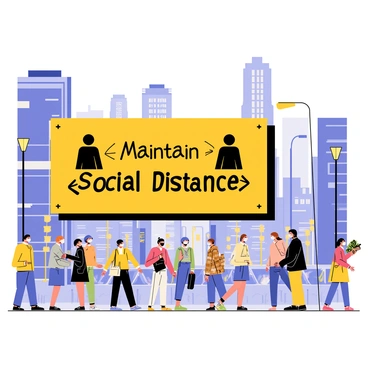A large rectangular sign with bright yellow and black colors displaying the message "Maintain Social Distance" in bold letters. The sign features a graphic of two people standing apart with arrows indicating distance. In the background, a busy urban area is visible, filled with diverse crowds of people walking on the sidewalks, some wearing masks. Skyscrapers tower in the distance, and there are streetlights and parked cars lining the streets, creating a lively city atmosphere.
