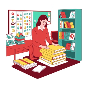 A red teacher is arranging a colorful classroom filled with new supplies and books. The teacher stands at a wooden desk, stacking several bright yellow books neatly into piles. On the desk, there are vibrant orange pencils and fresh white notebooks organized in a neat row. The walls are adorned with educational posters showcasing letters and numbers, and a bulletin board is being decorated with colorful artwork made by students. In the background, there are teal shelves filled with more books and neatly organized educational games.