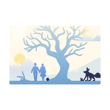 A shadow puppet scene is set up on a white screen, with various intricate silhouettes casting shadows. The main silhouette features a large tree with tangled branches, while to the left, a silhouette of a couple stands hand in hand. To the right, a mischievous fox is creeping toward a small, hidden rabbit. In the background, there are silhouettes of distant mountains and a glowing moon peeking through the branches. The play of light and shadow creates a mysterious atmosphere, allowing the viewer to interpret the hidden story being told through the interaction of the silhouettes.