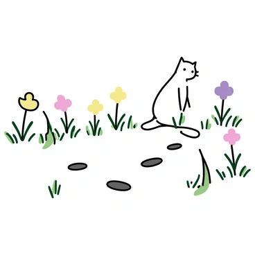 A series of small cat pawprints leading through a field filled with blooming spring flowers. The flowers are various colors, including yellow, pink, and purple, dotting the green grass. The pawprints are soft and slightly sunk into the earth, showing the path of a cat exploring the vibrant landscape. The scene captures the essence of spring with the flowers in full bloom, providing a lively backdrop for the delicate prints.