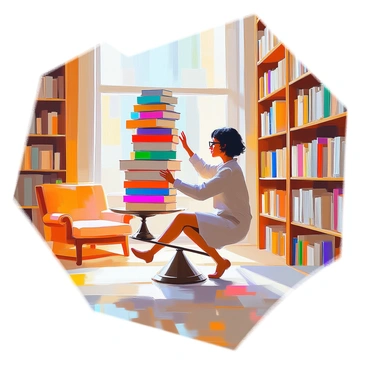 A librarian with medium skin tone and short curly hair is balancing a tall stack of colorful books on an old-fashioned scale. The librarian is wearing rectangular glasses and a cozy sweater, focused on keeping the stack steady. Surrounding them is a room filled with wooden bookshelves, all packed with various books. Sunlight filters through a large window, casting soft shadows on the floor, highlighting the warm tones of the wooden furniture. A small reading nook with a comfortable armchair and a side table is visible in one corner of the room.