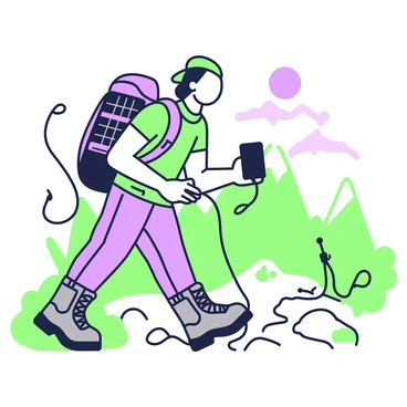 A traveler is hiking on a mountain trail with a backpack that features embedded solar panels. The backpack is a rugged design with various pockets and straps for gear. The traveler is wearing a breathable hiking shirt and sturdy pants, along with durable hiking boots. In one hand, the traveler is holding a smartphone connected to a charging cable that leads to the backpack's solar panels. The background shows a rocky path surrounded by green vegetation and a distant view of mountains under a clear sky.