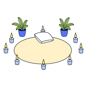 A meditation space featuring a round soft rug with a cream color, placed in the center. Surrounding the rug are several small candles with warm yellow flames, arranged evenly in a circular pattern. In the background, there are two potted plants with green leaves framing the space. A small cushion is placed on the rug, adding to the inviting atmosphere.