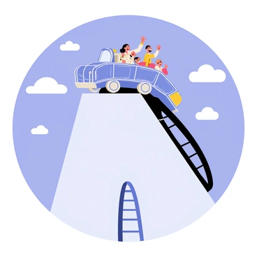 A roller coaster car positioned at the peak of a steep drop, featuring a shiny metallic structure. The car is filled with excited passengers, all raising their hands in the air, expressing their thrill. Below the drop, a track curves downward, leading into a loop. The sky above is bright blue with fluffy white clouds scattered throughout. The scene captures the sense of anticipation and excitement just before the descent.