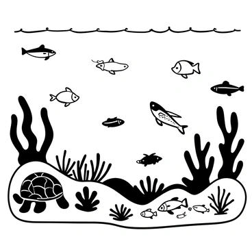 An underwater scene featuring various sea creatures swimming among coral reefs. There are fish of different shapes and sizes, gracefully gliding through the water. The coral reefs are intricately detailed, showcasing diverse textures and formations. Some sea turtles can be seen resting on the ocean floor, while a school of small fish darts around playfully. The composition highlights the interactions between the creatures and their environment.