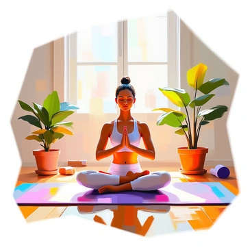A yoga practitioner with medium skin is performing a calming pose on a soft mat in a sunlit room. The practitioner is sitting cross-legged with hands resting on their knees, eyes closed in focus. Sunlight filters through a large window, casting warm light across the wooden floor and illuminating the space. Potted plants are positioned in the corners of the room, adding a touch of greenery. The walls are painted a soft color, creating a tranquil atmosphere. A few yoga props are neatly arranged nearby, enhancing the serene setting.