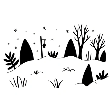 A snow-covered garden with a thick blanket of snow blanketing the ground. Traces of evergreen plants peek through the snow, showcasing their dark shapes and outlines. In the background, a few bare trees stand tall, their branches etched against the white landscape. A small birdhouse hangs from one of the trees, and delicate snowflakes continue to fall gently onto the scene, creating intricate patterns on the surface of the snow.