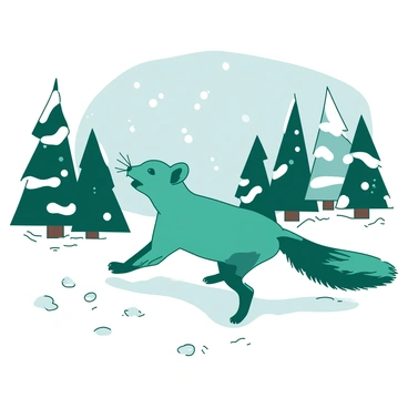 A teal pine marten is playfully chasing white snowflakes in a winter wonderland. The ground is covered in a thick layer of white snow, and snowflakes are gently falling from a light gray sky. The marten leaps joyfully, its fur glistening with bits of snow, as it paws at the air trying to catch the delicate flakes. In the background, there are tall pine trees dusted with white snow, adding to the enchanting atmosphere of the scene.