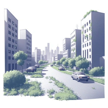 A panoramic view of a deserted cityscape, showcasing tall, crumbling buildings with shattered windows. The streets are covered in a thick layer of greenery, with vines and weeds sprawling out from cracks in the pavement. Abandoned vehicles are partially hidden under a blanket of grass and wildflowers, and several trees have taken root in the middle of the streets. In the background, a skyline of once-bustling skyscrapers stands in silhouette, their surfaces marred by decay. The atmosphere reveals the power of nature as it reclaims the urban environment.