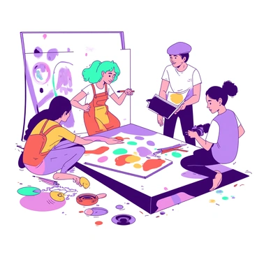 A group of artists is gathered around a large canvas in a bright studio. There are five artists: one with teal hair is painting with a wide brush, while another with orange overalls is sketching in a notebook. A third artist, wearing a purple beret, is mixing vibrant colors on a palette. Next to them, a fourth artist in a white t-shirt is applying stencils to the canvas. Finally, a fifth artist is taking photos of the progress with a camera. Colorful paint splatters decorate the floor, and various art supplies are scattered around, showcasing their collaborative efforts on the project.