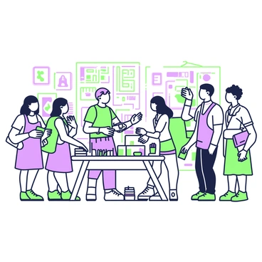 A lively networking event is taking place in a spacious room filled with people. Multiple illustrators are gathered in small groups, engaged in conversation. Each illustrator is holding a stack of business cards, exchanging them with one another. Some illustrators are standing near a large table decorated with various art supplies, such as marker pens, sketchbooks, and tablets. Others are showcasing their artwork displayed on easels around the room. The atmosphere is bustling with creativity and excitement, as individuals share their artistic ideas and collaborate on potential projects.