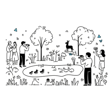 A wildlife sanctuary filled with dense vegetation and various trees. Tourists are scattered around the area, observing animals in their natural habitat. One tourist is standing with binoculars raised, focused on a group of deer grazing nearby. Another group of tourists is taking pictures of a flock of birds perched on a branch. The scene includes a small pond where a family of ducks swims. Wildlife such as rabbits and squirrels can be seen among the bushes, while butterflies flutter around the colorful flowers.
