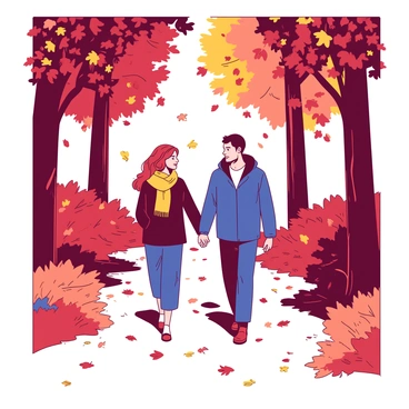 A couple is walking hand in hand through a path in the woods during autumn. The leaves on the trees are in vibrant shades of red and orange, and many colorful leaves are gently falling around them. The couple is dressed in warm clothing, with the woman wearing a cozy yellow scarf and the man in a dark blue jacket. The ground is covered with a thick layer of fallen leaves, creating a carpet of colors beneath their feet. The sunlight filters through the trees, casting dappled shadows on the path.