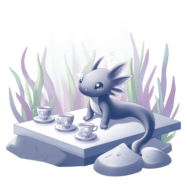 An axolotl with feathery gills is positioned at the center of an underwater scene. The axolotl is sitting on a smooth rock, surrounded by various colorful aquatic plants swaying gently in the water. Around the axolotl, there are several tiny cups and saucers arranged on a flat surface made of larger rocks. Each cup is decorated with intricate patterns, and steam rises from them, indicating warm tea. Small bubbles float upwards from the cups, enhancing the underwater atmosphere. Soft beams of light filter through the water, illuminating the scene and creating gentle reflections on the rock surface.