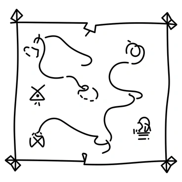 A treasure map displayed on aged parchment. The map features a series of winding paths leading to different locations, depicted with intricate linework. An 'X' marks several spots, indicating potential job locations. Each 'X' is surrounded by small symbols representing various job sectors, such as a briefcase, a stethoscope, and a computer. There are also compass roses and decorative borders that enhance the map's overall design.