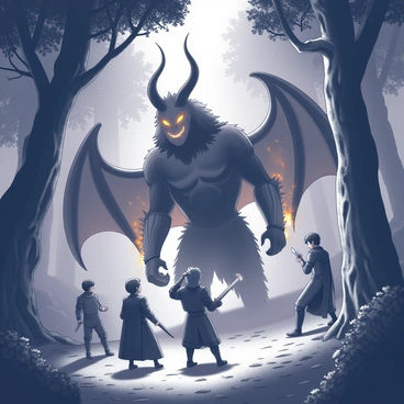 A Balrog unexpectedly meeting a group of adventurers in a dark enchanted forest