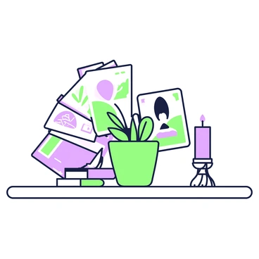 A collection of illustrated postcards is displayed elegantly on a wooden table. The postcards feature various artistic designs, including landscapes and abstract patterns. They are arranged in a fan shape, showcasing their colorful artistry. Some postcards are leaning against a small, green potted plant positioned at the center of the table. Next to the plant, there is a purple candle with a decorative holder. The surrounding table surface is neatly organized, enhancing the visual appeal of the postcard collection.