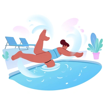 A person is performing flutter kicks beside a swimming pool. The individual has a toned physique and is submerged waist-deep in clear water. Vibrant blue water splashes around them as their legs move in a rhythmic motion. The surface of the pool reflects the sunlight, creating shimmering patterns. Surrounding the pool are lounge chairs and potted plants, enhancing the outdoor atmosphere. The scene captures the essence of an active and refreshing day by the pool.