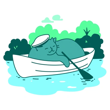 A teal cat with closed eyes is lounging comfortably in a small white rowboat on a lake. The cat is wearing a white sailor cap tilted slightly to one side. The boat is gently rocking on the calm water, surrounded by green foliage in the background. The sun is shining, casting soft reflections on the lake's surface, enhancing the peaceful atmosphere.