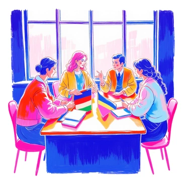 A team with members from different countries, showing cultural diversity through flags on their desks