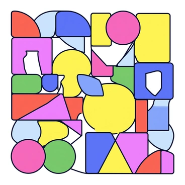 A mosaic pattern created from an array of solid colored shapes. The shapes include squares, triangles, circles, and rectangles, each filled with a different vibrant color such as red, blue, yellow, green, and orange. The shapes are arranged closely together to form a cohesive design, with no empty spaces between them. Each shape maintains a flat, uniform appearance, contributing to the overall geometric aesthetic of the mosaic.