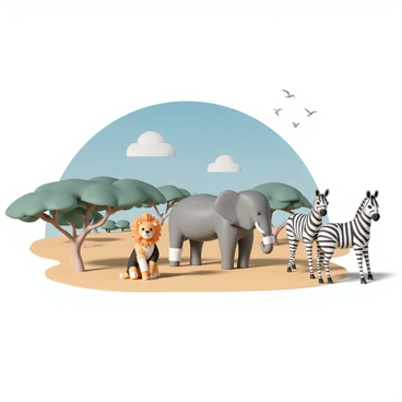 A safari scene depicting various animals in the savanna, each wearing distinctive bandages. A lion, with a light brown mane and darker body, is sitting under a tree, sporting a bandage around its paw. Nearby, an elephant, with large ears and gray skin, has a bandage wrapped around its trunk. A zebra, with striking black and white stripes, stands next to them, showing a bandage on its hind leg. In the background, acacia trees dot the landscape under a bright blue sky, while a few birds can be seen flying overhead. The animals are engaged in exploring their environment, creating a lively and playful atmosphere.