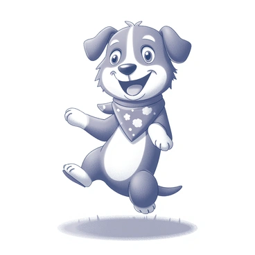 A playful dog standing on its hind legs. The dog has a fluffy coat with distinct features like floppy ears and a wagging tail. It is wearing a bandana around its neck, which has a pattern of shapes and designs. The dog's expression is joyful and energetic, with its tongue out and eyes sparkling with excitement. The background features a grassy area where the dog appears to be ready to romp and play.