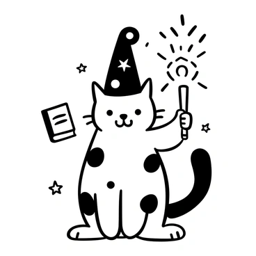 A cat sitting upright, adorned with a pointed "wizard hat" decorated with stars and moons, is holding a "glowing wand" in its paw. The wand emits bright light that swirls around the cat, creating mystical patterns in the air. The background includes a few "floating books" and "magical symbols" surrounding the cat, enhancing the enchanting atmosphere. The cat's body is covered in distinct fur patterns that add to its character.