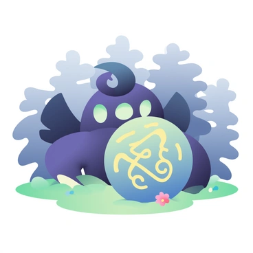 A Spiritomb with a swirling, shadowy figure is positioned protectively around a sacred stone. The Spiritomb has a dark purple body and glowing green eyes, which are fixated on the stone. The sacred stone is large and round, with intricate, glowing symbols in various colors etched into its surface. Surrounding the stone is a faint mist, adding an ethereal quality to the scene. The ground is covered in soft green grass, and there are a few small flowers scattered nearby. The background is filled with dark trees, creating a sense of enclosure around this mystical setting.