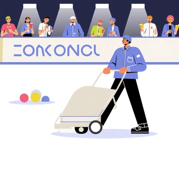 A worker in a blue uniform is operating a Zamboni on an ice rink, smoothing the ice surface. The Zamboni has a shiny silver body with a large white blade at the front, effectively removing the rough patches of ice. Curling stones in various colors are scattered around the rink, indicating the nearby competition. Spectators in the background are watching intently, with some holding drinks and snacks. Bright overhead lights illuminate the rink, reflecting off the smooth ice surface.