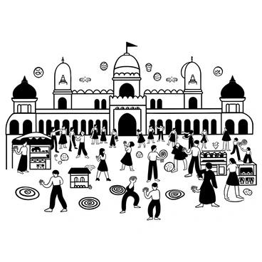 A large crowd gathered in front of "Bangalore Palace," with people dressed in traditional attire engaging in lively activities. Colorful banners and decorative lanterns hang from the palace, creating a festive atmosphere. Performers in ethnic costumes are showcasing traditional dance routines on a stage set up in the courtyard. There are food stalls around, with vendors selling various traditional snacks. The ground is covered with intricate rangoli designs, adding to the festive spirit.