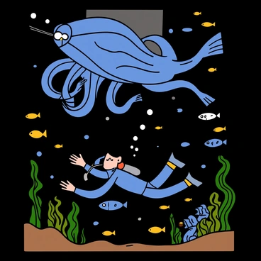 A diver with light skin and short dark hair is underwater, wearing a blue wetsuit and a diving mask. The diver is swimming rapidly, with an expression of urgency on their face. Behind the diver, a giant sea creature with large tentacles and glowing eyes is chasing closely. The creature's skin is a deep blue with bioluminescent patterns. Bubbles are trailing from the diver as they maneuver through the dark waters, surrounded by various schools of fish and underwater plants swaying gently. The light filtering from the surface creates a dramatic atmosphere in the ocean depths.