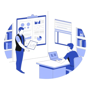 An auditor is standing in front of a small business owner, presenting a report. The auditor is holding a clipboard with several pages of graphs and data. The report features various charts, each displaying different sets of information. The business owner is seated at a desk, looking attentively at the auditor while taking notes. There is a laptop open on the desk, showing additional data related to the report. The office space has a few bookshelves lined with business books and a window with blinds partially opened.