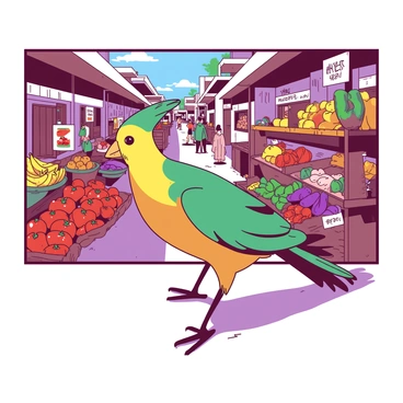 A curious big bird exploring a colorful market filled with fruits and vegetables
