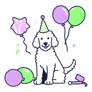 A labradoodle with curly fur is sitting on the floor. The dog is wearing a birthday hat adorned with a pattern. Surrounding the labradoodle, there are several balloons of various shapes and sizes. The balloons are floating above and resting on the ground. The scene conveys a festive atmosphere, with the labradoodle looking cheerful among the decorations.
