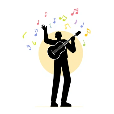 A black silhouette of a musician playing an instrument, positioned centrally in the image. The musician has a dynamic pose, with one arm raised and the other holding the instrument. Surrounding the silhouette, colorful floating musical notes in various sizes are scattered throughout the space. Each note features a different color, such as red, blue, green, and yellow, creating a vibrant atmosphere. The background is a simple gradient that transitions from light to dark to emphasize the silhouette and the musical notes.