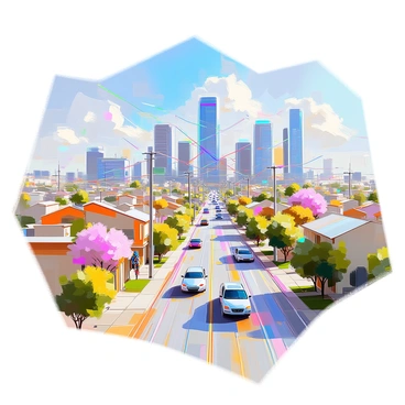A detailed illustration of a cityscape with a web of connectivity lines intertwining and linking various sections. The city is filled with modern buildings, houses, and parks. The lines are depicted in vibrant colors, stretching across the skyline and connecting different neighborhoods. Various transportation methods, such as cars, buses, and bicycles, can be seen moving along these lines. The sky is clear, providing a vivid backdrop for the dynamic interaction between the urban landscape and the connectivity network.