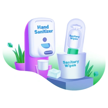 A hand sanitizer dispenser and sanitary wipes station at a clinic entrance
